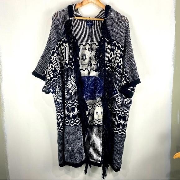 American Eagle BOHO Tassel Aztec Short Sleeve Duster Longline Cardigan Sweater - Picture 1 of 6